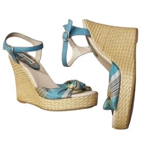 Steve Madden Blue Plaid Top Knot Wedge Sandals
